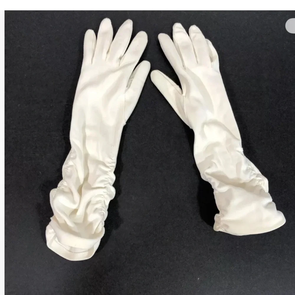Vintage Ivory Ruched Cotton Gloves Small Formal Prom Costume Retro Wedding Dance